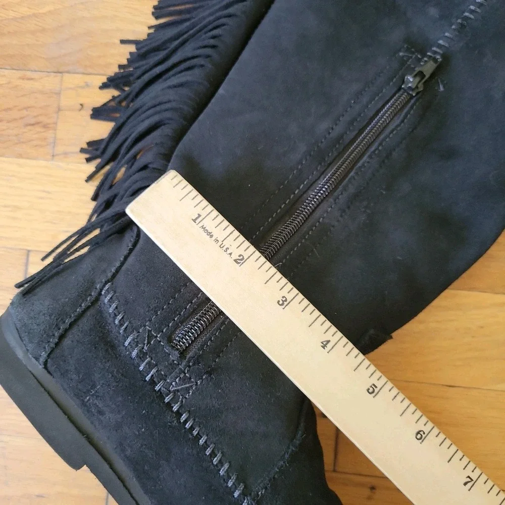 Minnetonka Over The Knee Fringed Suede Boots 8 Black Boho Cowgirl Hippie Western